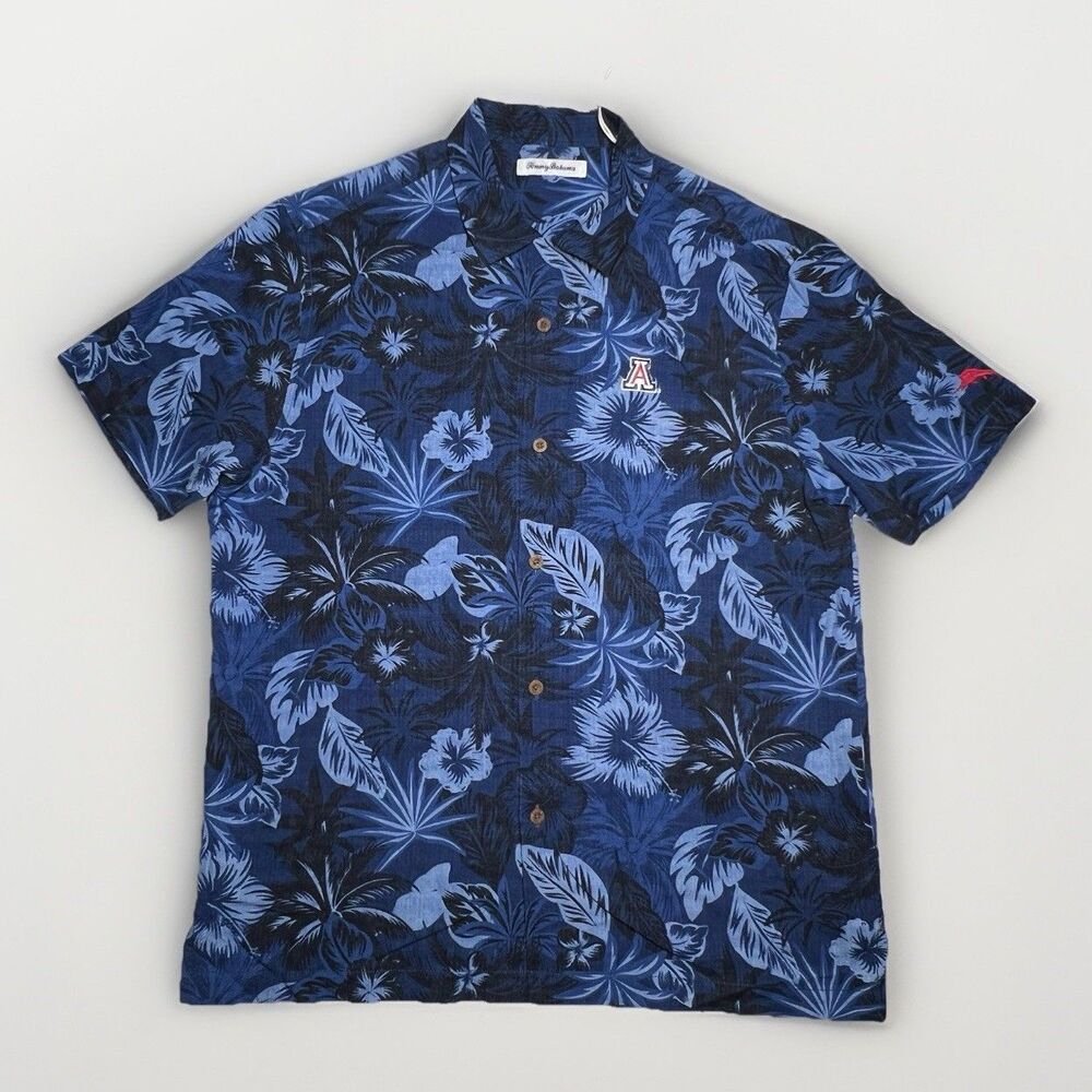 Tommy Bahama Shirt Mens Sz M  Blue Floral Camp Loop Collar Arizona Wildcats Silk